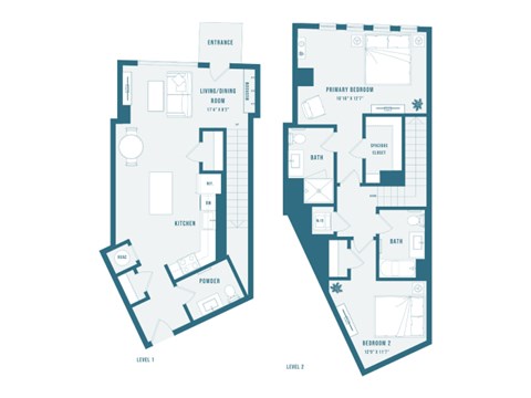 Floor plan for 2 beds, 2.5 baths, 1389 sqft